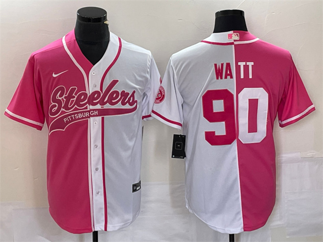 Men's Pittsburgh Steelers #90 T.J. Watt White Pink Split Cool Base Stitched Baseball Jersey